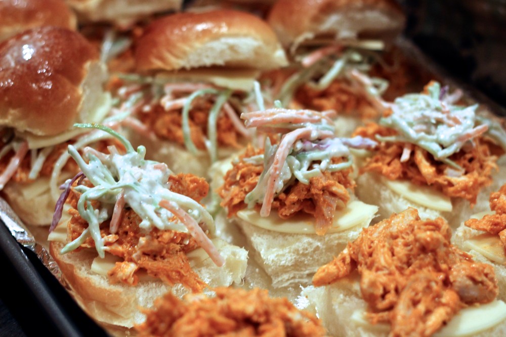 Buffalo Chicken Sliders with Blue Cheese Broccoli Slaw
