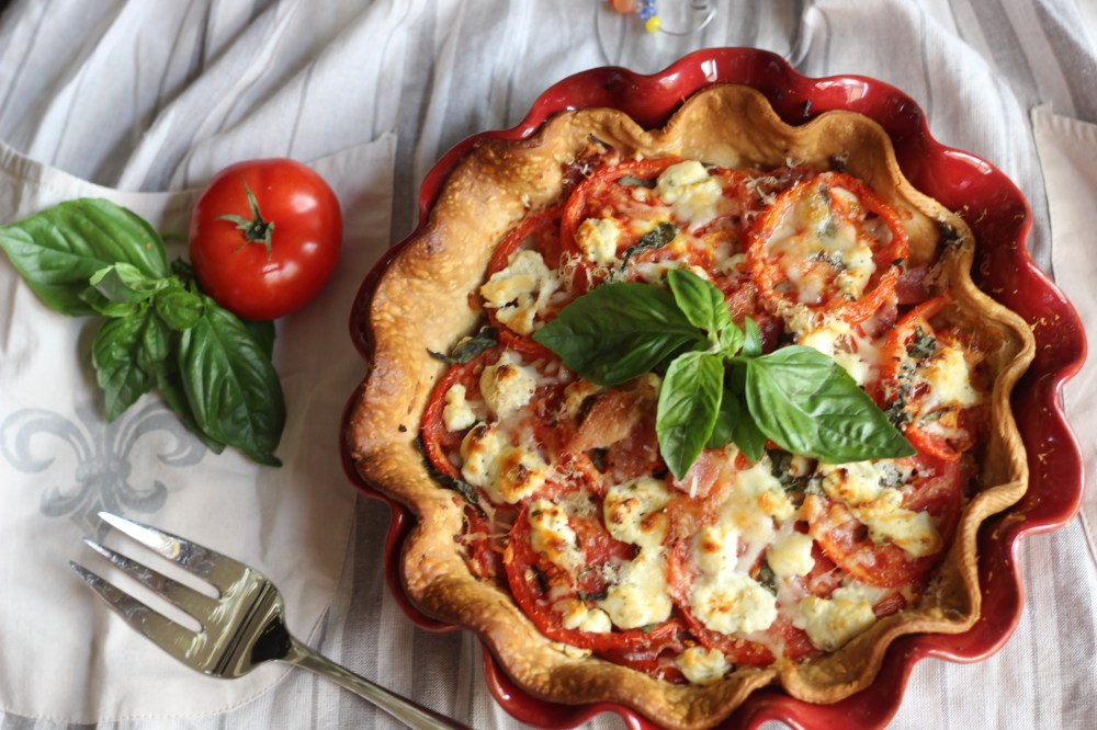 Tomato Pie with Goat Cheese, Bacon & Caramelized Onions