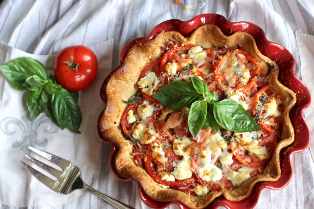 Tomato Pie with Goat Cheese, Bacon & Caramelized Onions