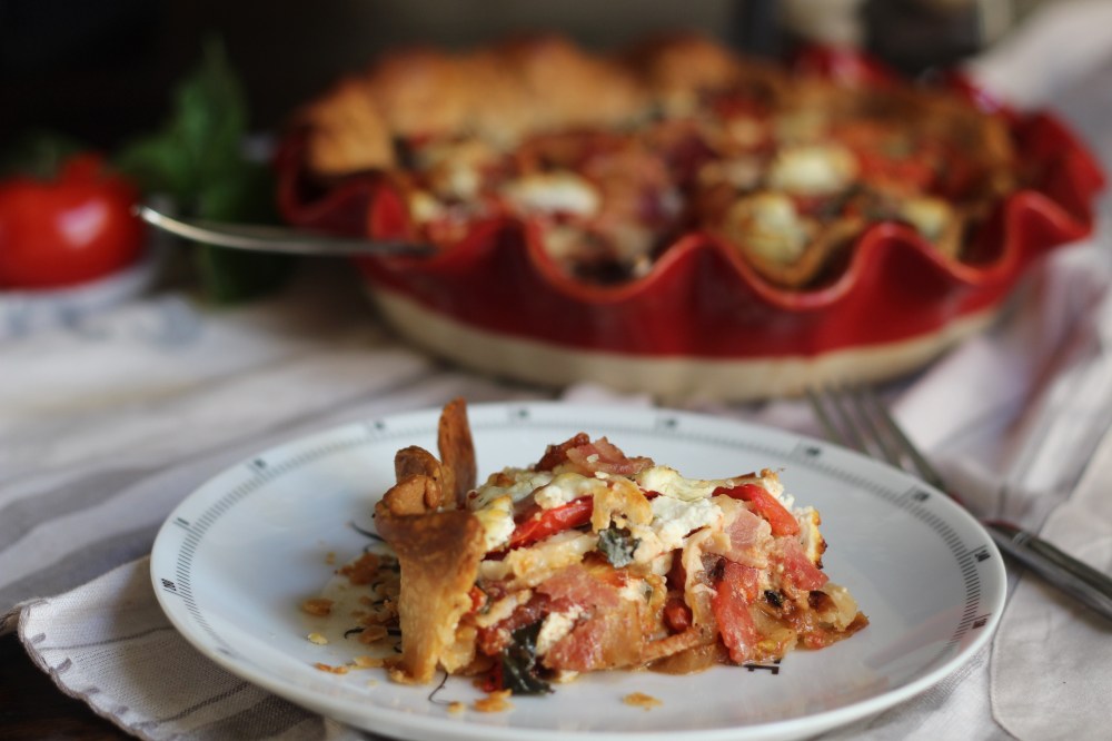 Tomato Pie with Goat Cheese, Bacon & Caramelized Onions
